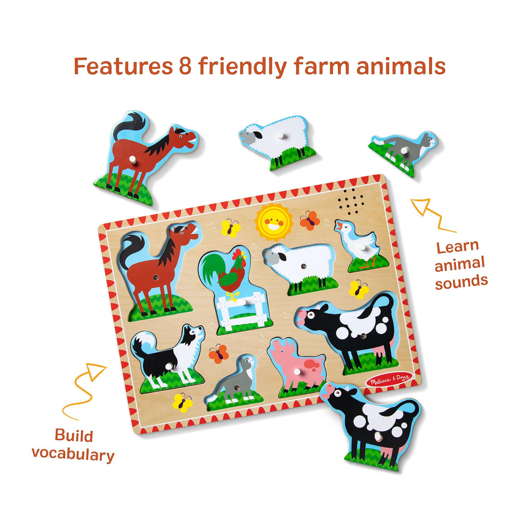 Melissa & Doug Farm Animals Wooden Sound Peg Puzzle 8-Piece Set | 8 Peg Pieces, Wooden Board, Light-Activated Sounds, Builds Matching & Motor Skills, Montessori Inspired Toddler Toys, Ages 2+