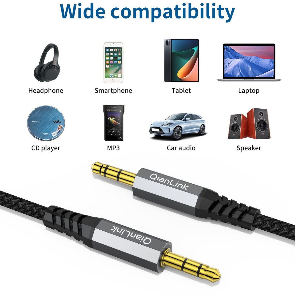 2 Pack AUX Cable, (6.6ft/2m, Hi-Fi Sound) 3.5mm TRS Auxiliary Audio Cable Nylon Braided Cord Compatible with Car,Home Stereos,Speaker,iPod iPad,Headphones,Sony,Echo Dot,Beats (Grey)