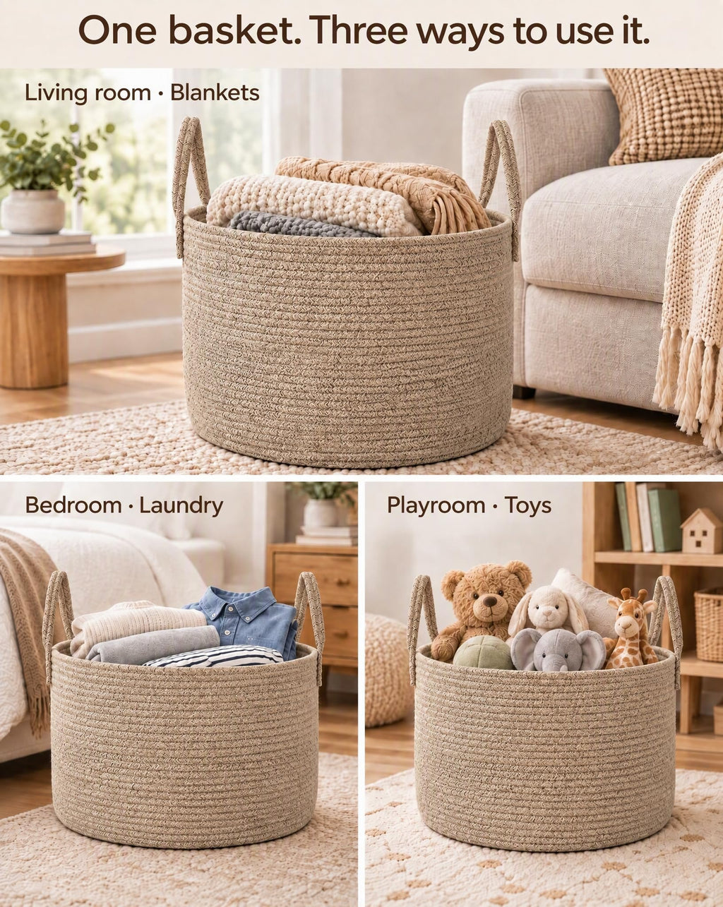 JMvicyroam 65L Extra Large Machine Washable Cotton Rope Blanket Basket | Collapsible Laundry Hamper, Reinforced Handles, For Blankets, Pillows, Toys and Clothes, Living Room and Bedroom, Oatmeal