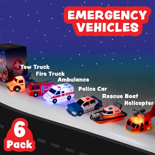 Tub Works® Emergency™ Cars Light Up Bath Toys, 6 Pack | Water-Activated Light Up Toys Flash & Change Colour | Soft, Squeezable Baby & Toddler Bath Toys | Sensory Toys with Bath Lights for Kids Bath
