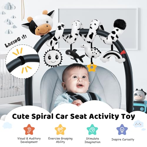 Spiral Car Seat Baby Toys 0-6 Months, Infant Carseat High Contrast Sensory Toys Hanging Stroller Accessories, Newborn Shower Gifts for Baby Boys Essentials Stuff, Cute Black and White Cow