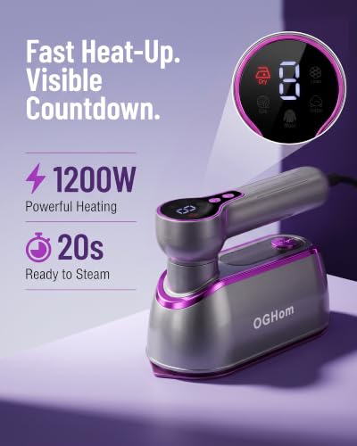 OGHom Travel Steamer for Clothes, 1200W Portable Handheld Garment Steamer with LCD Display, 4 Steam Levels & Dry Iron Mode, 20s Fast Heat-Up, 150ml Water Tank, Large Ceramic Heat Panel, Only for 120V