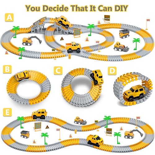 Kids Toys 253 PCS Construction Race Tracks, Create A Engineering Road Game | 5 PCS Construction Truck Cars, DIY Flexible Track Play Set, Birthday Xmas Gifts Toy for 3 4 5 6 7 8 Year Old Boys Girls
