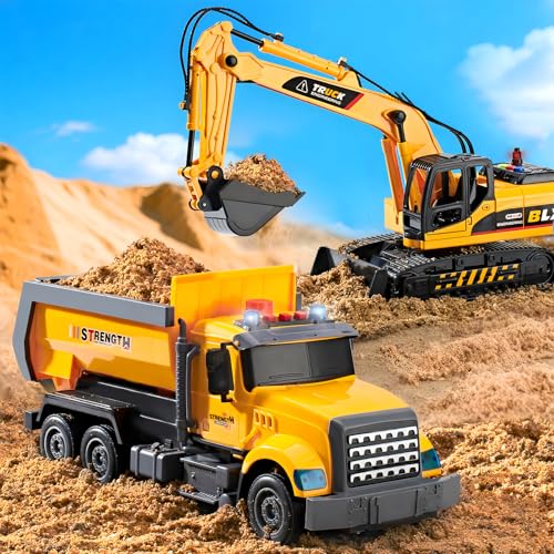 LerBao 2 Pack Construction Engineering Truck Toys,Moveable Claw Excavator & Lifting Back Dump Truck Toy for 3 4 5 6 7 8 Years Old Boys Kids Childs Toddlers Christmas Birthday Gifts
