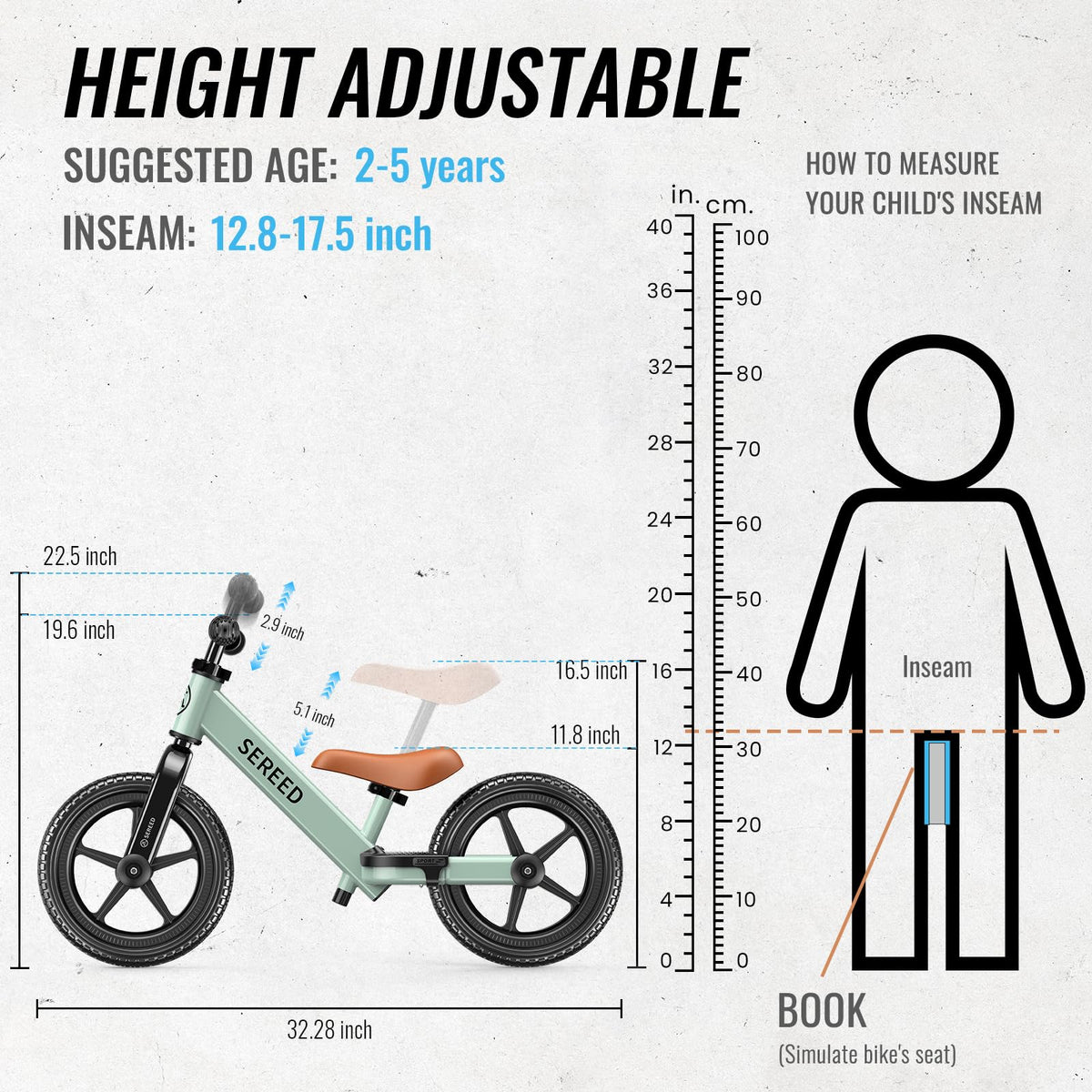 SEREED Toddler Balance Bike 2 Year Old Adjustable Bike Toy for 2-5 Boy Girl | No Pedal Toddler Bike, Kids Training Bike with Customize Plate & 3pcs Stickers, Birthday Gift for 2-3 Boys Girls (Mint Green)