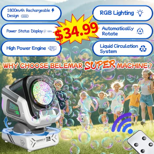 Upgraded Bubble Machine Outdoor Toys for Kids & Wedding Party | Auto Rotation,Type-C Rechargeable,Remote Control,RGB Lights