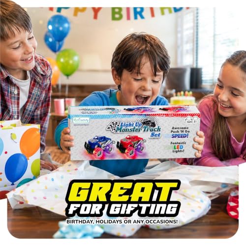 ArtCreativity Light Up Monster Truck Toys for Toddler Boys, Toy Cars Gift | Push and Go Friction Powered Cars, 2-Pack, Toddler Boys Age 2-4, Kids Ages 4-8, Birthday Gift, Batteries Included