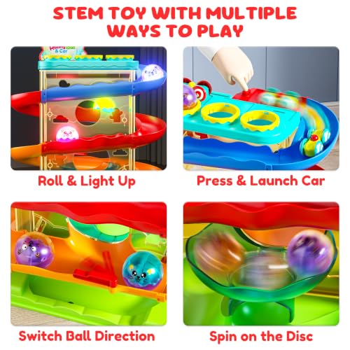 2-in-1 Ball Drop & Car Ramp Race Track Montessori Toy for Toddlers Ages 1-5 | Hammer Rolling Ball, Launch and Race Car-Cause and Effect Sensory STEM Learning Toys for 1-5 Year Old Boys & Girls