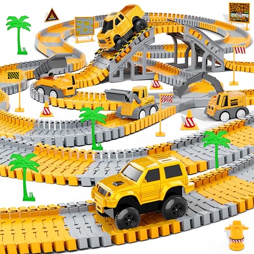 Kids Toys 253 PCS Construction Race Tracks, Create A Engineering Road Game | 5 PCS Construction Truck Cars, DIY Flexible Track Play Set, Birthday Xmas Gifts Toy for 3 4 5 6 7 8 Year Old Boys Girls