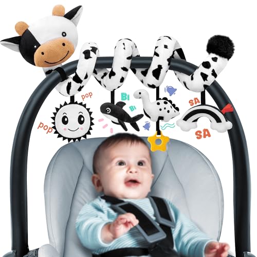 Spiral Car Seat Baby Toys 0-6 Months, Infant Carseat High Contrast Sensory Toys Hanging Stroller Accessories, Newborn Shower Gifts for Baby Boys Essentials Stuff, Cute Black and White Cow