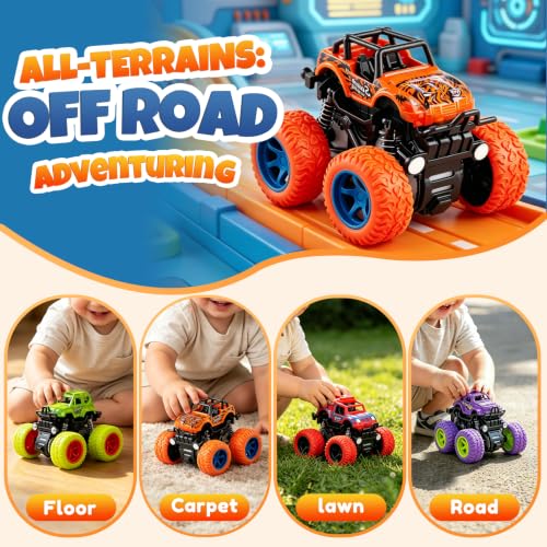 ANAOER 4 Pack Monster Trucks Toys for Boys 2 3 4 5 6 7 Year Old, Friction Powered Pull Back Car Toys for Toddlers Kids Ages 3-5 2-4 4-7, Best Birthday Christmas Party Gift for Boys and Toddlers