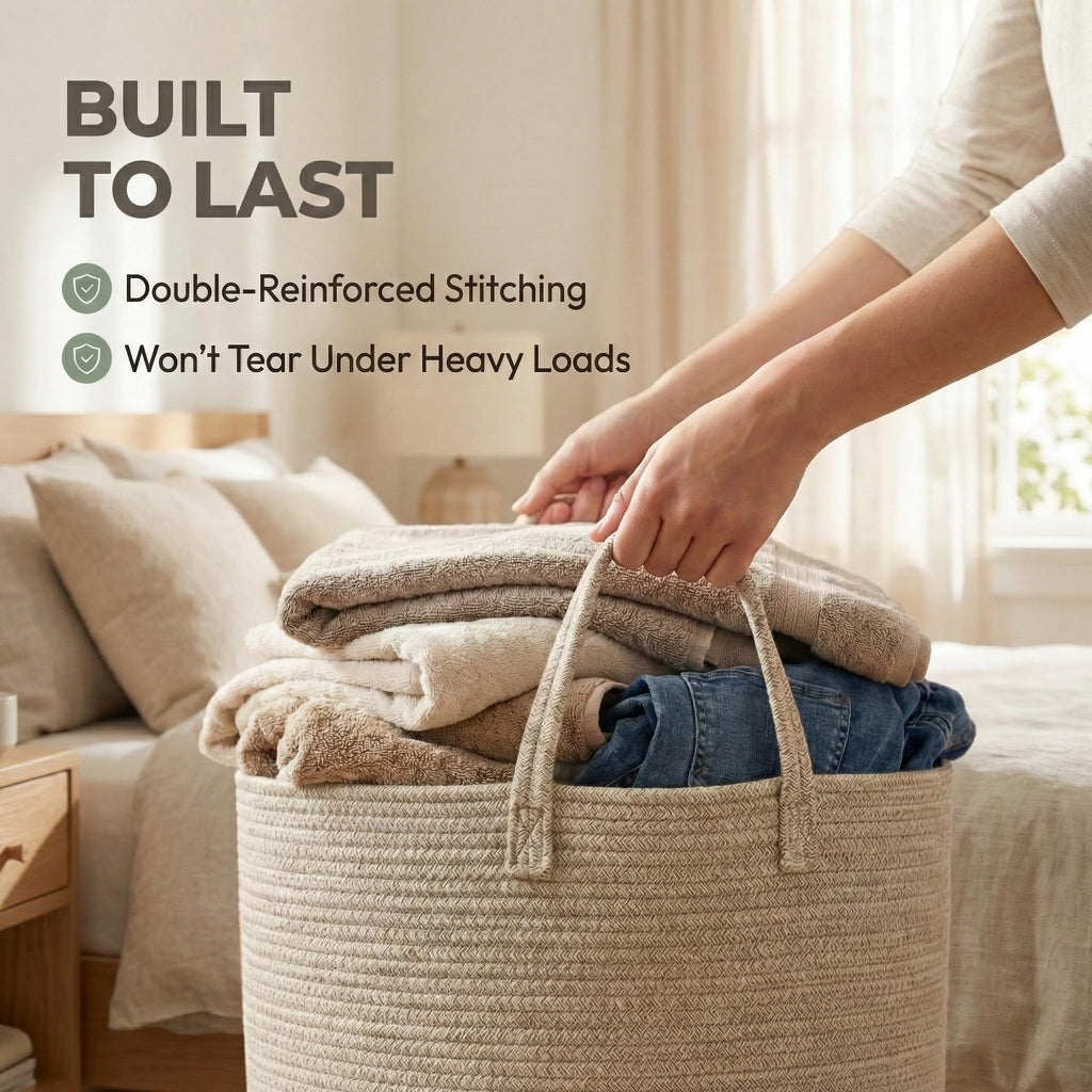 JMvicyroam 65L Extra Large Machine Washable Cotton Rope Blanket Basket | Collapsible Laundry Hamper, Reinforced Handles, For Blankets, Pillows, Toys and Clothes, Living Room and Bedroom, Oatmeal