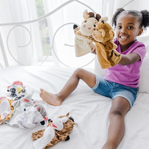 Melissa & Doug Animal Hand Puppets 2-Pack 8-Piece Pretend Play Set | 8 Piece Hand Puppet Set, 4 Farm Animals, 4 Zoo Animals, Washable Fabric, Storytelling Play, Toddler Toys for Kids, Ages 2+
