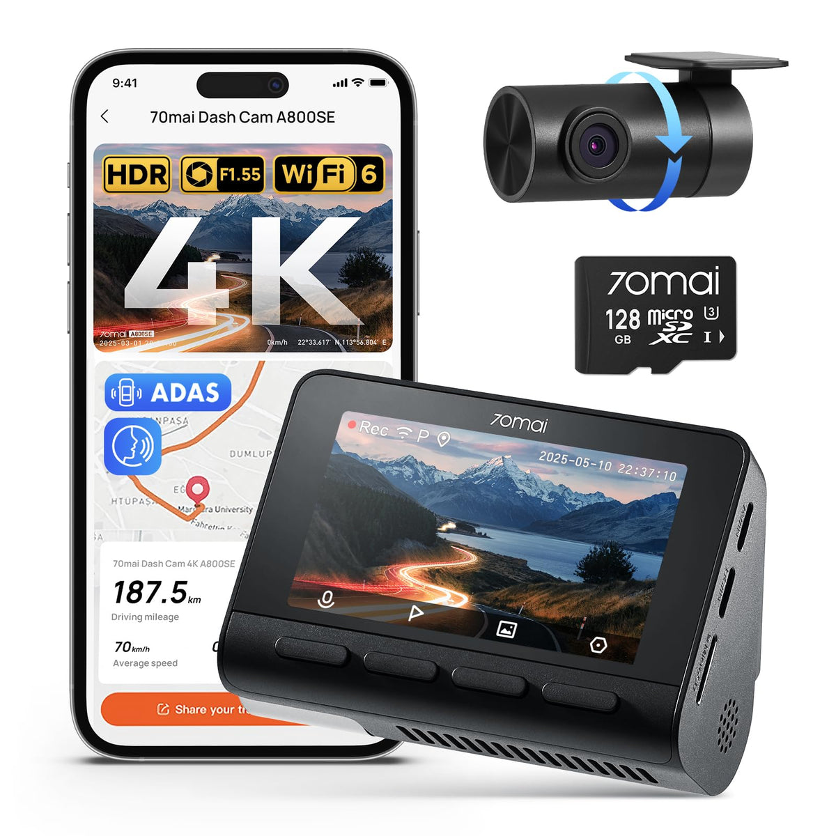 70mai 4K Dash Cam Front and Rear, Built in Wi-Fi 6 & GPS Car Camera, Super Night Vision, ADAS, 3'' IPS Screen, 24H Parking Mode, Time-Lapse, Loop Recording, with 128GB Card (A800SE)