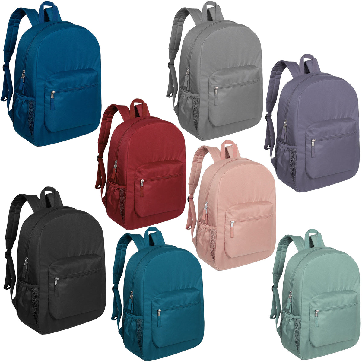 17" Premium Wholesale Padded Back Backpacks  in 8 Assorted Colors - Bulk Case of 24 Bookbags