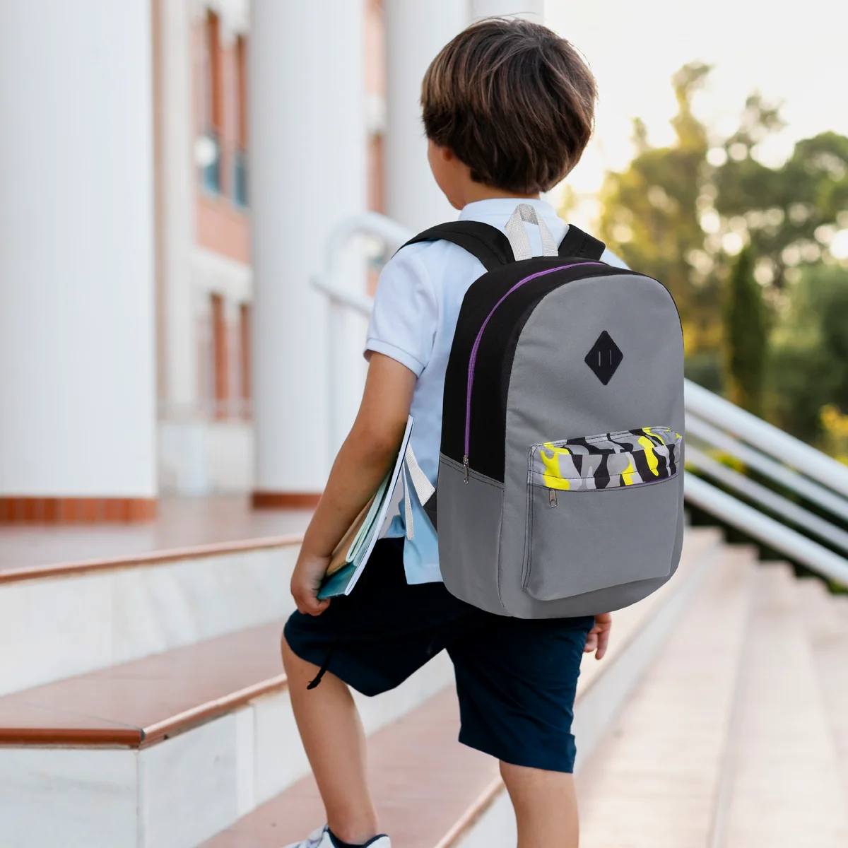 17" Kids Wholesale Backpacks in 5 Assorted Prints & Colors with a Padded Back - Bulk Case of 24 Bookbags