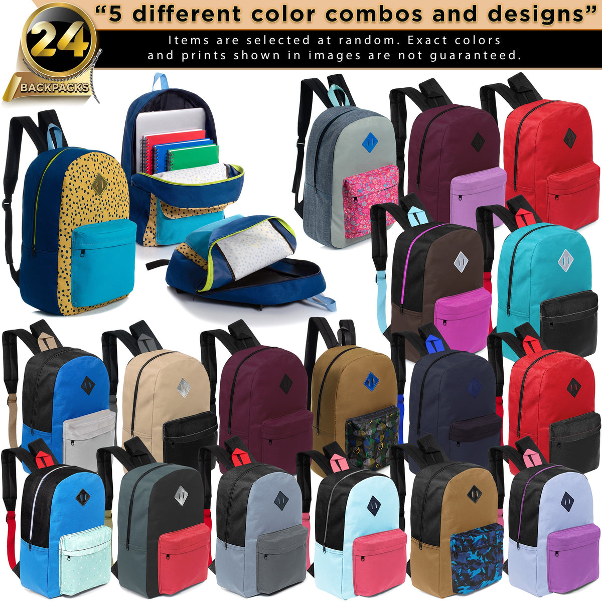 17" Kids Wholesale Backpacks in 5 Assorted Prints & Colors with a Padded Back - Bulk Case of 24 Bookbags