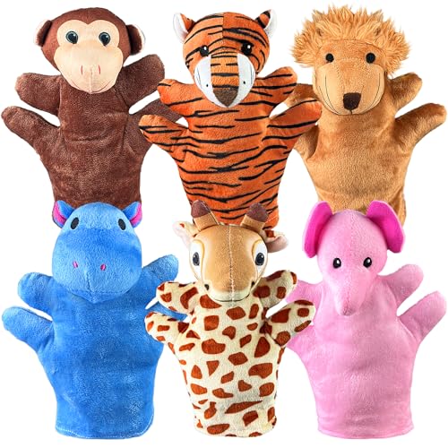 6 PCS Hand Puppets Set Animal Plush Puppet | Storytelling Teaching Toys for Kids Classroom Shows Birthday Party Favor Supplies Elephant Tiger Giraffe Monkey Lion Hippo