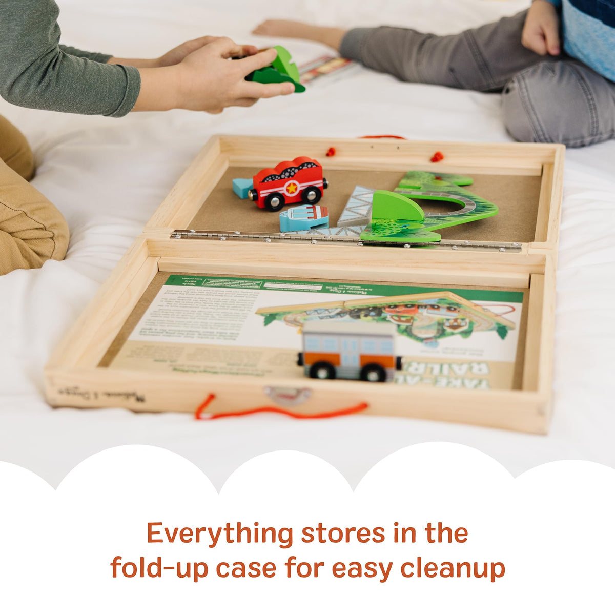 Melissa & Doug Take-Along Railroad Wooden Tabletop Play Set | 17 Pieces, Portable Playset, Railroad Pretend Play, 3 Trains, 1 Truck, Animals, Preschool Learning Toys for Kids, Ages 3+