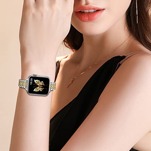 MioHHR Slim Metal Band Compatible with Apple Watch Bands 42/41/40/38mm | Thin Luxury Stainless Steel iWatch Bands Series 12/11/10/9/8/7/6/5/4/3/2/1/SE3/SE2/SE for Women,Silver/Gold