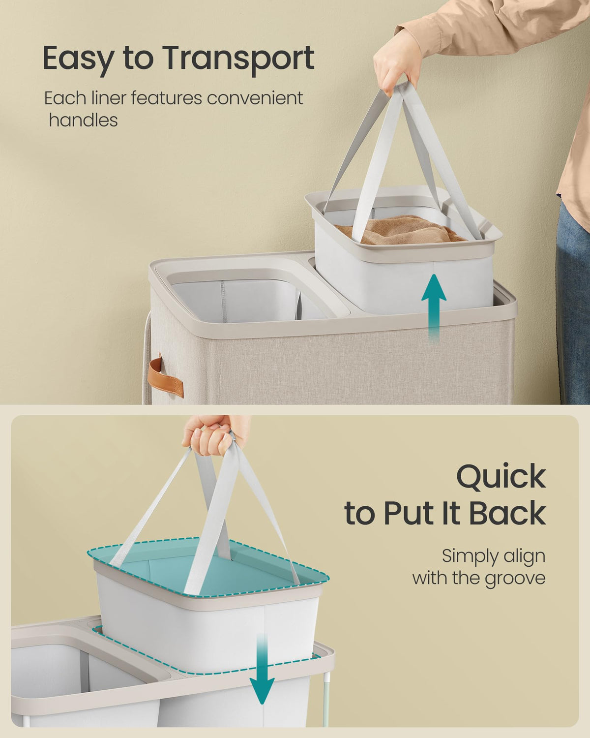 SONGMICS Laundry Basket, 170L Laundry Hamper with Lid, 2 Removable Bags | Easy Assembly Laundry Sorters, with Handles, 22.1 x 15.8 x 29.5 Inches, Cappuccino, BROSI Collection ULCB813L01