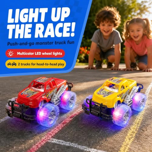 ArtCreativity Light Up Monster Truck Toys for Toddler Boys, Toy Cars Gift | Push and Go Friction Powered Cars, 2-Pack, Toddler Boys Age 2-4, Kids Ages 4-8, Birthday Gift, Batteries Included
