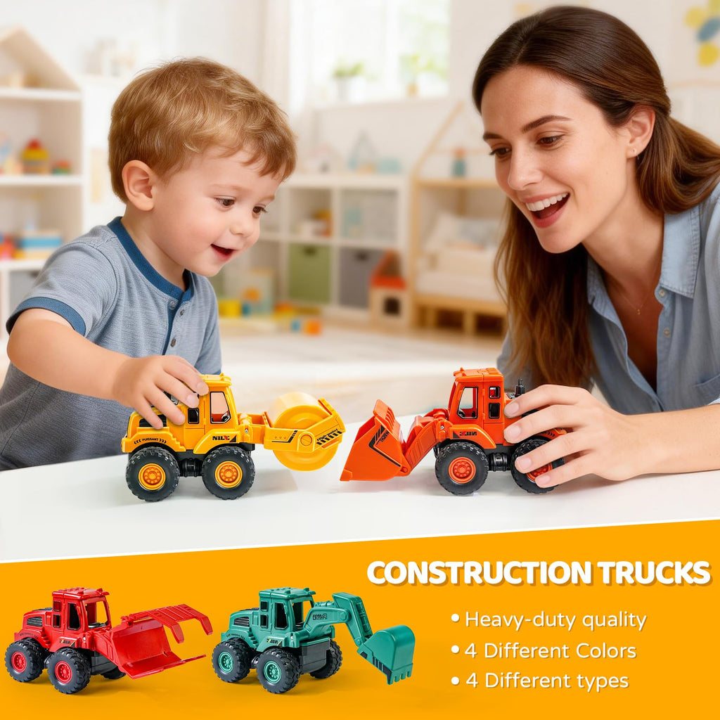 Beestech Construction Truck Toys for 3 4 5 Year Old Boys Toddler | Friction Powered Truck Toys，Sandbox Vehicles ，Sand Toys ，Durable ABS Plastic， Moving Claws （Colorful 4 Pack）