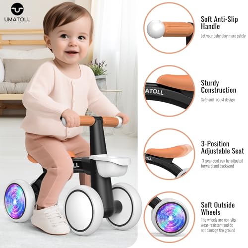 Umatoll Baby Balance Bike Toy for 1 Year Old Boy Girl, First Birthday Gift | 12-24 Months Toddler First Ride on Toys, Colorful Lighting Rear Wheels, Adjustable Seat Baby Walker, Basket