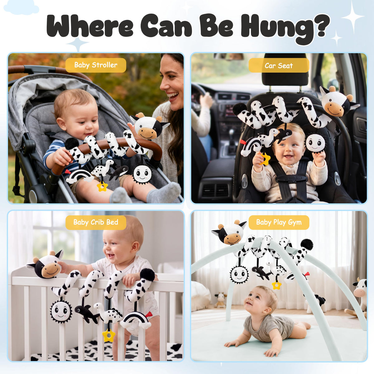 Spiral Car Seat Baby Toys 0-6 Months, Infant Carseat High Contrast Sensory Toys Hanging Stroller Accessories, Newborn Shower Gifts for Baby Boys Essentials Stuff, Cute Black and White Cow