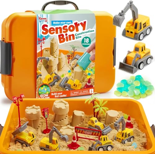 Klever Kits JOVA Construction Sensory Bin for Kids with Glow in The Dark Stones, Sandbox with Lid Castle Building kit, Preschool Learning Activities Gifts for Boys Girls Age 3+