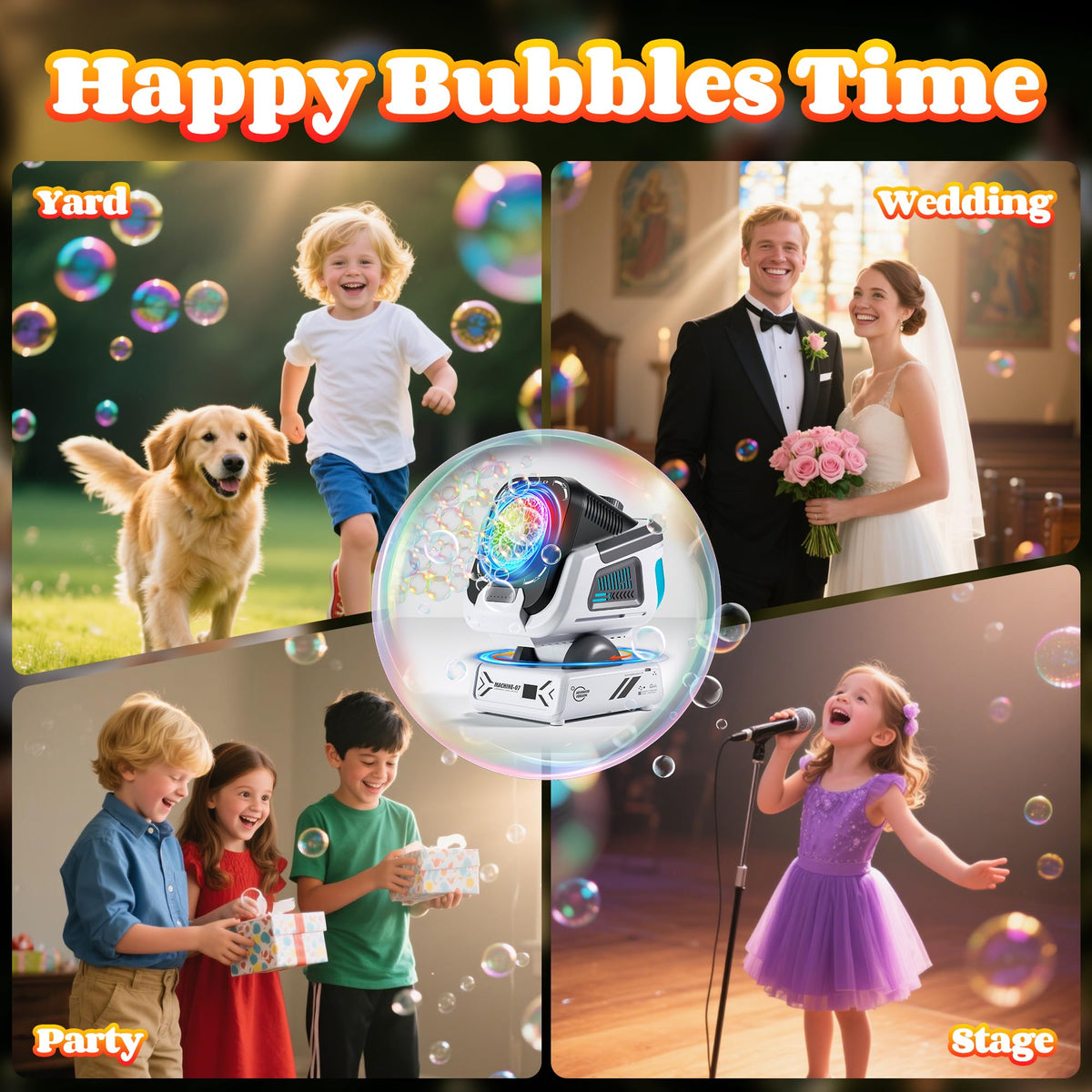Upgraded Bubble Machine Outdoor Toys for Kids & Wedding Party | Auto Rotation,Type-C Rechargeable,Remote Control,RGB Lights
