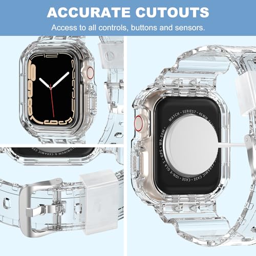 XYF Compatible for Crystal Clear Apple Watch Bands 45/44mm CrystalClear | Jelly Sport Strap&Bumper Case Cover for Men Women,Compatible for iWatch Series 9 8 7 6 5 4 SE 3 2 1,45mm/44mm Crystal Clear