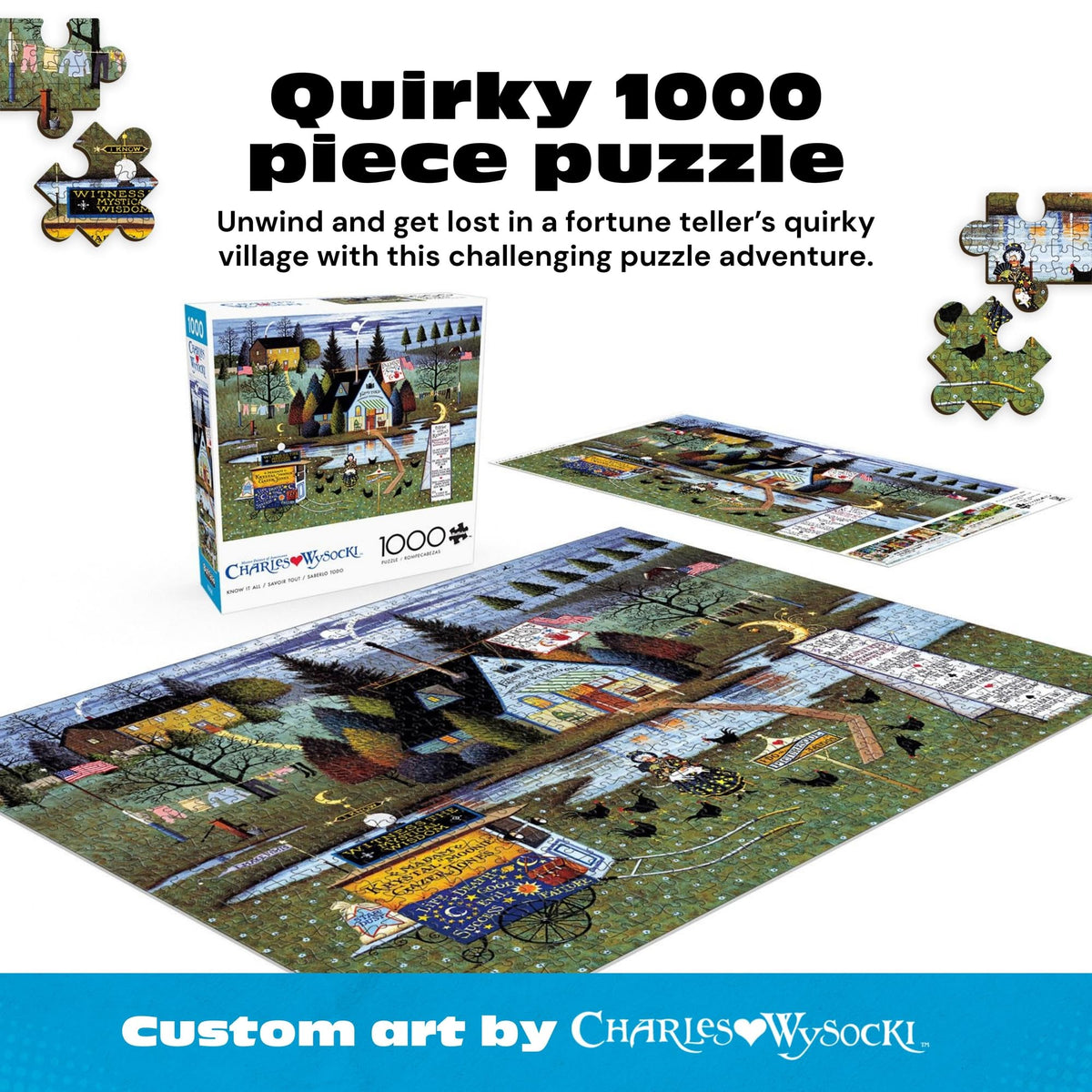 Buffalo Games - Charles Wysocki Know It All - 1000 Piece Puzzle for Adults | Story-Rich Folk Art Village Scene, Precision-Cut Snap Fit, Poster Included, 1000 Piece Puzzle for Adults, Jigsaw Puzzles