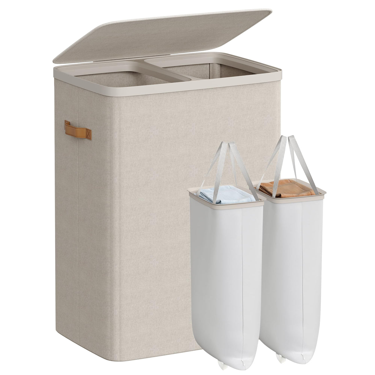 SONGMICS Laundry Basket, 170L Laundry Hamper with Lid, 2 Removable Bags | Easy Assembly Laundry Sorters, with Handles, 22.1 x 15.8 x 29.5 Inches, Cappuccino, BROSI Collection ULCB813L01