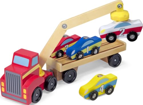 Melissa & Doug Magnetic Car Loader Wooden Toy Set with 4 Toy Cars | 6 Pieces, Wooden Truck, Detachable Trailer, Magnetic Crane, 4 Numbered Cars, Vehicle Sorting Play, Preschool Toys, Ages 3+