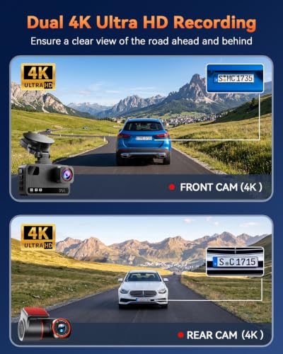 4K+4K Dual Dash Cam Front and Rear, Free 128GB Card, Starlight Night Vision | Dual-Channel Recording, 5.8GHz WiFi, 20MB/s Download Speed, GPS, 3" IPS Screen, Collision Sensor, 24H Parking Mode