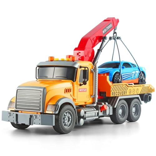 Dwi Dowellin Kids Toys for 3 4 5 6 7 Years Old Boys, 15" Large Tow Truck Toy,Friction Powered Transport Truck Crane Toy with Lights and Sounds,with Roadster,Boys Gifts