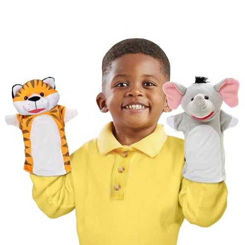 Melissa & Doug Safari Buddies Plush Hand Puppets 6-Piece Pretend Play Set | 6 Plush Safari Animal Hand Puppets, Elephant, Tiger, Parrot, Giraffe, Monkey, Zebra, Washable, Toddler Toys for kids, Ages 2+