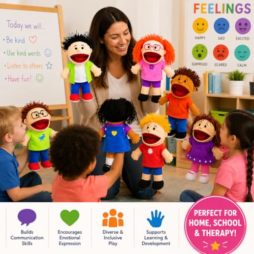 Fun Express Hand Puppets for Kids, 8 Multicultural, 14 Inch | Plush with Movable Mouths, Speech Therapy, Social Emotional Learning, Dramatic Play