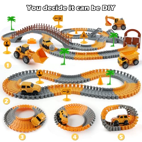 TGJH Construction Race Car Track Set for Kids - Flexible Engineering Toys with 2 Electric Cars, Birthday Gift for 3 4 5 6 7 Year Old Boys, DIY Road Games Playset with 220+ PCS