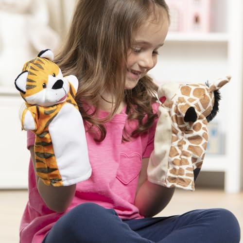 Melissa & Doug Zoo Friends Soft Plush Hand Puppets 4-Piece Glove Set | 4 Plush Hand Puppets, Elephant, Giraffe, Tiger, Monkey, Washable Puppet Gloves, Pretend Play, Toddler Toys for Kids, Ages 2+