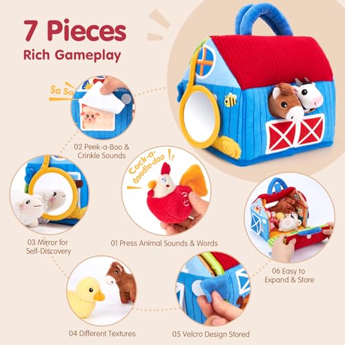 hahaland Baby Toys 6-12 Months, Surprise Barn Farm Animals with Sounds Word | 6PCS Farm Toys Montessori Toys for 6 Month Old Baby Gifts Toddlers Christmas Stocking Stuffers 1 Year Old Boy Girl Gifts