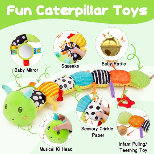 Baby Toys 0-6 Months Musical Stuffed Caterpillar Newborn Tummy Time Toys | Sensory Toys with Mirror Crinkle Rattle for Infants 0-3 3-6 2 3 4 5 6-12 Months Old Babies Boy Girl Shower Gifts Essentials