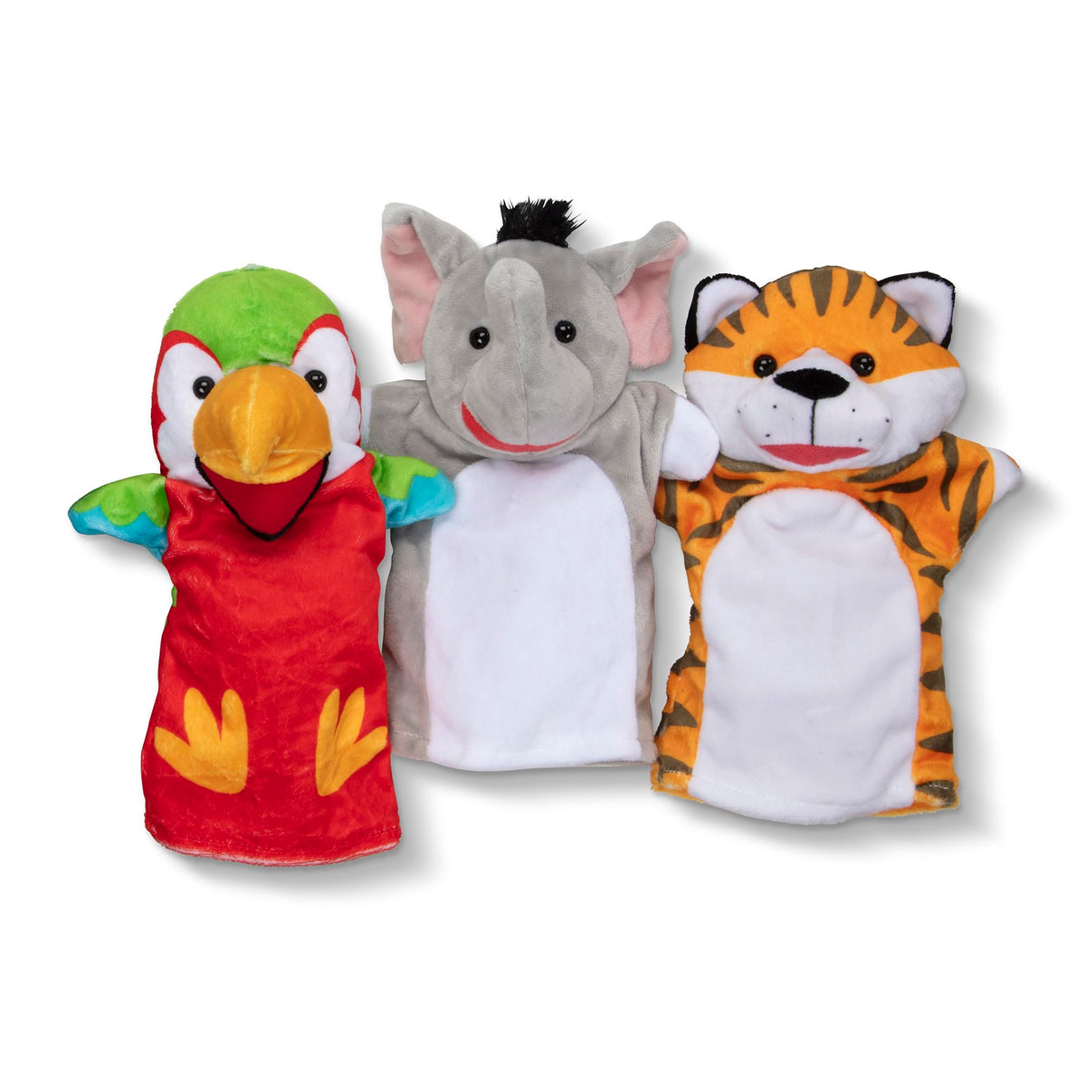 Melissa & Doug Safari Buddies Plush Hand Puppets 6-Piece Pretend Play Set | 6 Plush Safari Animal Hand Puppets, Elephant, Tiger, Parrot, Giraffe, Monkey, Zebra, Washable, Toddler Toys for kids, Ages 2+