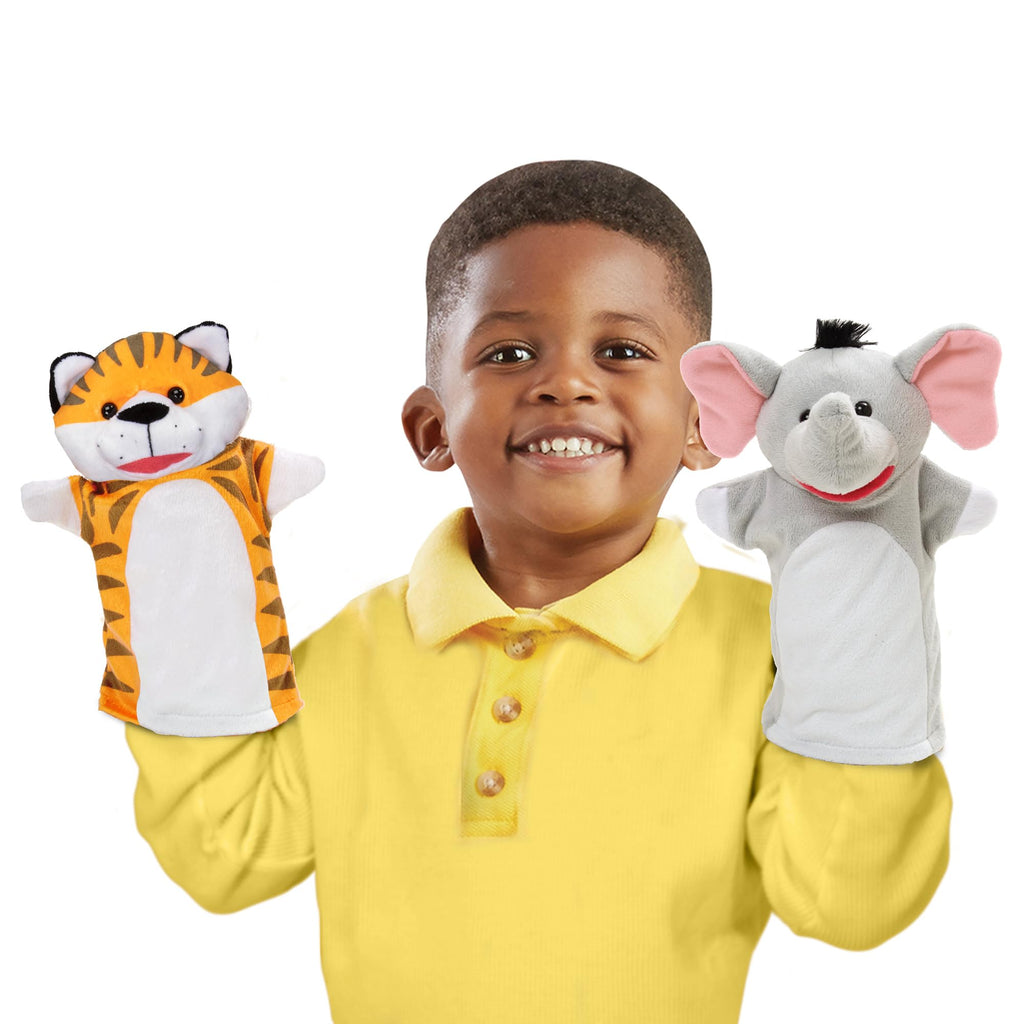 Melissa & Doug Safari Buddies Plush Hand Puppets 6-Piece Pretend Play Set | 6 Plush Safari Animal Hand Puppets, Elephant, Tiger, Parrot, Giraffe, Monkey, Zebra, Washable, Toddler Toys for kids, Ages 2+