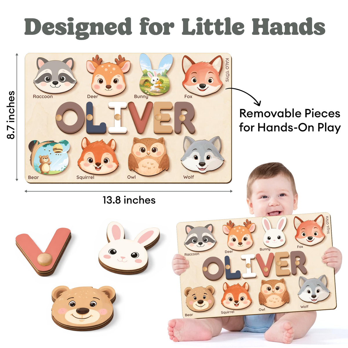 Personalized Name Puzzle for Toddlers 1-3 | Custom Wooden Baby Girl Gift with 48 Animal Art Sets | 1st Birthday Gift for Girls | Personalized Baby Boy & Girl Gifts Keepsake