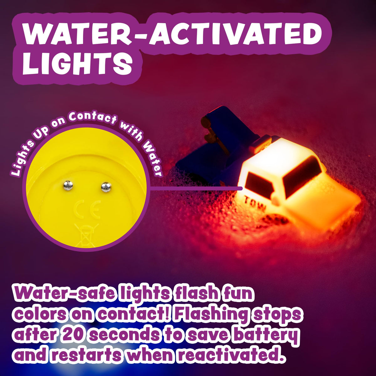 Tub Works® Emergency™ Cars Light Up Bath Toys, 6 Pack | Water-Activated Light Up Toys Flash & Change Colour | Soft, Squeezable Baby & Toddler Bath Toys | Sensory Toys with Bath Lights for Kids Bath