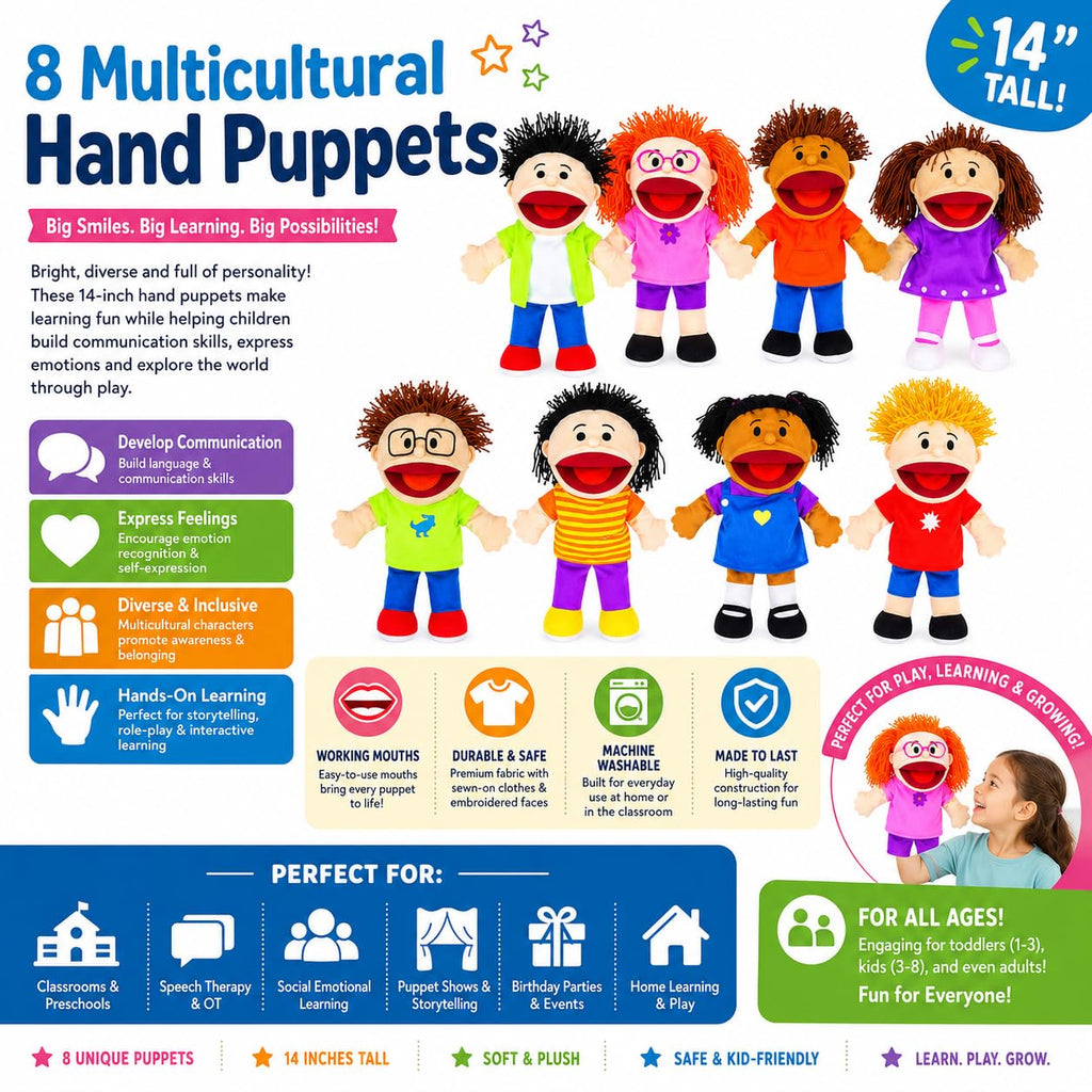Fun Express Hand Puppets for Kids, 8 Multicultural, 14 Inch | Plush with Movable Mouths, Speech Therapy, Social Emotional Learning, Dramatic Play