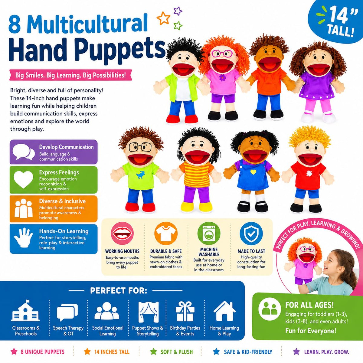 Fun Express Hand Puppets for Kids, 8 Multicultural, 14 Inch | Plush with Movable Mouths, Speech Therapy, Social Emotional Learning, Dramatic Play