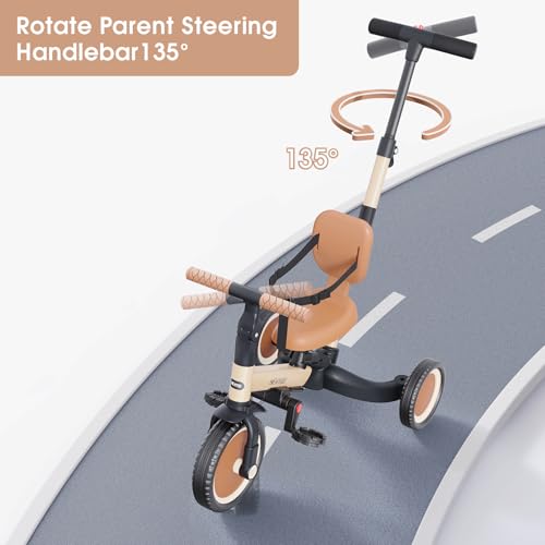 newyoo TR007 5-in-1 Tricycle for Toddlers 1-3, Toddler Bike, Birthday Gift | Toddler Trike with Push Handle Lets Parents Steer and Converts to Balance Bike, Fun Outdoor Toy for Boys and Girls, Khaki